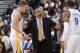OAKLAND, CA - NOVEMBER 14: Head Coach Mark Jackson of the Golden State Warriors coaches his players David Lee #10 and Andre Iguodala #9 against the Oklahoma City Thunder on November 14, 2013 at Oracle Arena in Oakland, California. NOTE TO USER: User expressly acknowledges and agrees that, by downloading and or using this photograph, user is consenting to the terms and conditions of Getty Images License Agreement. Mandatory Copyright Notice: Copyright 2013 NBAE (Photo by Rocky Widner/NBAE via Getty Images)