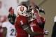Nov 30, 2013; Bloomington, IN, USA; Indiana Hoosiers quarterback Tre Roberson (5) and wide receiver Shane Wynn (1) celebrate a touchdown during the third quarter against the Purdue Boilermakers at Memorial Stadium. Indiana won 56-36. Mandatory Credit: Pat Lovell-USA TODAY Sports