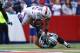 ORCHARD PARK, NY - SEPTEMBER 15: Fred Jackson #22 of the Buffalo Bills is tackled during NFL game action by Luke Kuechly #59 of the Carolina Panthers at Ralph Wilson Stadium on September 15, 2013 in Orchard Park, New York. (Photo by Tom Szczerbowski/Getty Images)