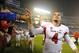 Oct 26, 2013; San Diego, CA, USA; Fresno State Bulldogs quarterback Derek Carr (4) celebrates following a 35-28 win in overtime against the San Diego State Aztecs at Qualcomm Stadium. Mandatory Credit: Christopher Hanewinckel-USA TODAY Sports