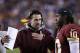 Dec 1, 2013; Landover, MD, USA; Washington Redskins offensive coordinator Kyle Shanahan talks with Redskins quarterback Robert Griffin III (10) on the sidelines against the New York Giants in the second quarter at FedEx Field. Mandatory Credit: Geoff Burke-USA TODAY Sports