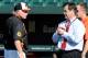 BALTIMORE, MD - MAY 31: Head coach Buck Showalter and General Manager Dan Duquette of the Baltimore Orioles talk before the game against the Detroit Tigers at Oriole Park at Camden Yards on May 31, 2013 in Baltimore, Maryland. (Photo by Greg Fiume/Getty Images)