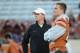 Nov 28, 2013; Austin, TX, USA; Texas Longhorns quarterback David Ash (r) talks with offensive coordinator Major Applewhite (l) prior to the game against the Texas Tech Red Raiders at Darrell K Royal-Texas Memorial Stadium. Mandatory Credit: Brendan Maloney-USA TODAY Sports