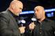 May 5, 2012; East Rutherford, NJ, USA; UFC president Dana White (left) interviews Joe Rogan during the middleweight bout between Alan Belcher and Rousimar Palhares during UFC on Fox 3 at the Izod Center. Mandatory Credit: Joe Camporeale-USA TODAY Sports