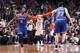 NEW YORK, NY - DECEMBER 5: Teammates J.R. Smith #8 of the New York Knicks and Andrea Bargnani #77 of the New York Knicks high five during a game against the Brooklyn Nets at Barclays Center on December 5, 2013 in the Brooklyn borough of New York City. NOTE TO USER: User expressly acknowledges and agrees that, by downloading and/or using this Photograph, user is consenting to the terms and conditions of the Getty Images License Agreement. Mandatory Copyright Notice: Copyright 2013 NBAE (Photo by Nathaniel S. Butler/NBAE via Getty Images)