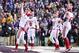 Nov 23, 2013; Manhattan, KS, USA; Oklahoma Sooners quarterback Trevor Knight (9) celebrates after scoring a touchdown against the Kansas State Wildcats during the first half at Bill Snyder Family Stadium. Mandatory Credit: Jasen Vinlove-USA TODAY Sports