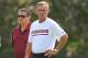 Jul 25, 2013; Richmond, VA, USA; Washington Redskins head coach Mike Shanahan (right) and owner Daniel Snyder (left) stand on the field during opening day of 2013 NFL training camp at the Bon Secours Washington Redskins Training Center. Mandatory Credit: Geoff Burke-USA TODAY Sports