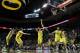 Dec 1, 2013; Eugene, OR, USA; Cal Poly Mustangs forward Zach Gordon (44) and Oregon Ducks guard Nicholas Lucenti (4) reach for a loose ball while forward Brian Crow (35) and guard Theo Friedman (11) watch at Matthew Knight Arena. Mandatory Credit: Scott Olmos-USA TODAY Sports