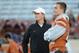 Nov 28, 2013; Austin, TX, USA; Texas Longhorns quarterback David Ash (r) talks with offensive coordinator Major Applewhite (l) prior to the game against the Texas Tech Red Raiders at Darrell K Royal-Texas Memorial Stadium. Mandatory Credit: Brendan Maloney-USA TODAY Sports