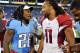 NASHVILLE, TN - AUGUST 23: Chris Johnson #28 of the Tennessee Titans speaks to Larry Fitzgerald #11 of the Arizona Cardinals after a game at LP Field on August 23, 2012 in Nashville, Tennessee. (Photo by Frederick Breedon/Getty Images)