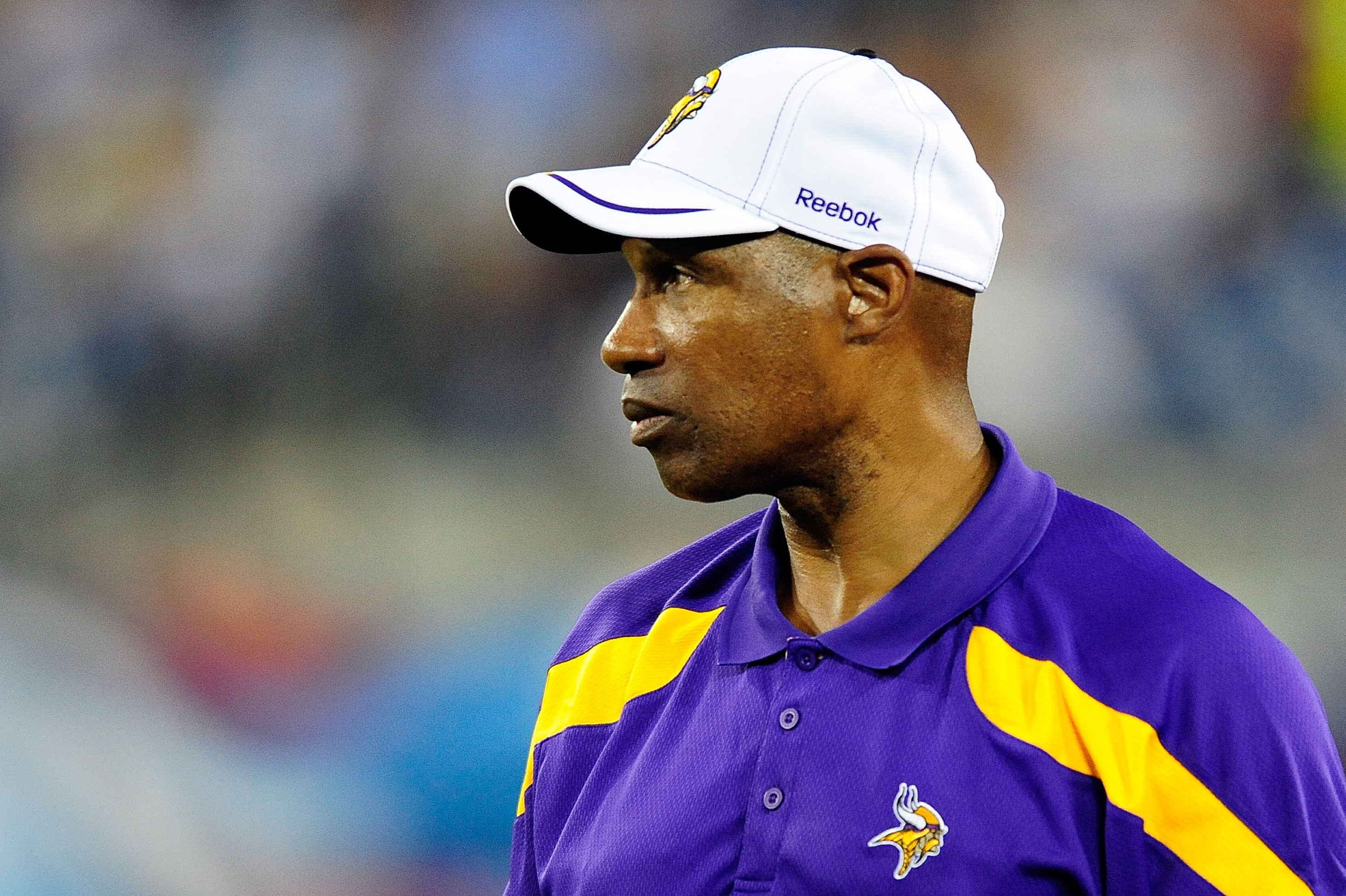 January 28, 2012; Mobile, AL, USA; North squad head coach Leslie Frazier, of the Minnesota Vikings, watches the game from the sidelines during the Senior Bowl at Ladd-Peebles Stadium. Mandatory Credit: Chuck Cook-USA TODAY Sports - Green Bay Packers
