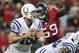 Nov 3, 2013; Houston, TX, USA; Indianapolis Colts quarterback Andrew Luck (12) is sacked during the second quarter as Houston Texans outside linebacker Whitney Mercilus (59) applies pressure at Reliant Stadium. Mandatory Credit: Troy Taormina-USA TODAY Sports