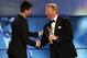 LONDON, ENGLAND - FEBRUARY 06: Academy member Boris Becker speaks to tennis player Novak Djokovic winner of the Laureus World Sportsman of the Year on stage at the 2012 Laureus World Sports Awards at Central Hall Westminster on February 6, 2012 in London, England. (Photo by Ian Walton/Getty Images for Laureus)