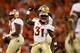 CLEMSON, SC - OCTOBER 19: Terrence Brooks #31 of the Florida State Seminoles reacts after a fumble recovery during their game against the Clemson Tigers at Memorial Stadium on October 19, 2013 in Clemson, South Carolina. (Photo by Streeter Lecka/Getty Images)