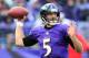 BALTIMORE, MD - NOVEMBER 24: Quarterback Joe Flacco #5 of the Baltimore Ravens throws a first half pass against the New York Jets at M&T Bank Stadium on November 24, 2013 in Baltimore, Maryland. (Photo by Rob Carr/Getty Images)