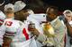 TEMPE, AZ - JANUARY 3: Running back Maurice Clarett #13 of the Ohio State Buckeyes is interviewed by Lynn Swann after deafeating the Miami Hurricanes in the Tostitos Fiesta Bowl on January 3, 2003 at Sun Devil Stadium in Tempe, Arizona. Ohio State won the game 31-24 in double-overtime, winning the NCAA National Championship. (Photo by Elsa/Getty Images)