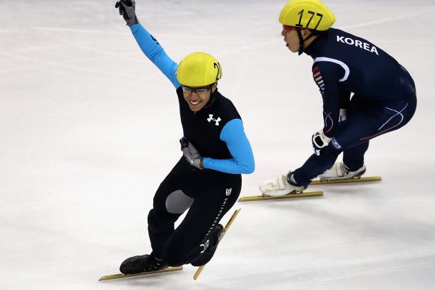 SHANGHAI, CHINA - SEPTEMBER 29: J.R. Celski of United States team (Left) celebrates winning the Men's 5000m Relay Final during day four of the Samsung ISU World Cup Short Track at the Oriental Sports Center on September 29, 2013 in Shanghai, China. (Photo by Feng Li/Getty Images)