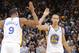 Andre Iguodala (left) and Stephen Curry (right) of the Golden State Warriors