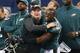 Dec 29, 2013; Arlington, TX, USA; Philadelphia Eagles cornerback Brandon Boykin (22) celebrates with head coach Chip Kelly late in the fourth quarter against the Dallas Cowboys at AT&T Stadium. The Eagle beat the Cowboys 24-22. Mandatory Credit: Matthew Emmons-USA TODAY Sports