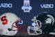 Dec 30, 2013; Los Angeles, CA, USA; General view of the football helmets of the Stanford Cardinal (left) and Michigan State Spartans at press conference for the 100th Rose Bowl at LA Hotel Downtown. Mandatory Credit: Kirby Lee-USA TODAY Sports