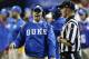 ATLANTA, GA - DECEMBER 31: Head coach David Cutcliffe of the Duke Blue Devils talks to an official in the second quarter against the Texas A&M Aggies during the Chick-fil-A Bowl at the Georgia Dome on December 31, 2013 in Atlanta, Georgia. (Photo by Joe Robbins/Getty Images)