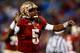 CHARLOTTE, NC - DECEMBER 07: Quarterback Jameis Winston #5 of the Florida State Seminoles reacts against the Duke Blue Devils during the ACC Championship game at Bank of America Stadium on December 7, 2013 in Charlotte, North Carolina. (Photo by Streeter Lecka/Getty Images)