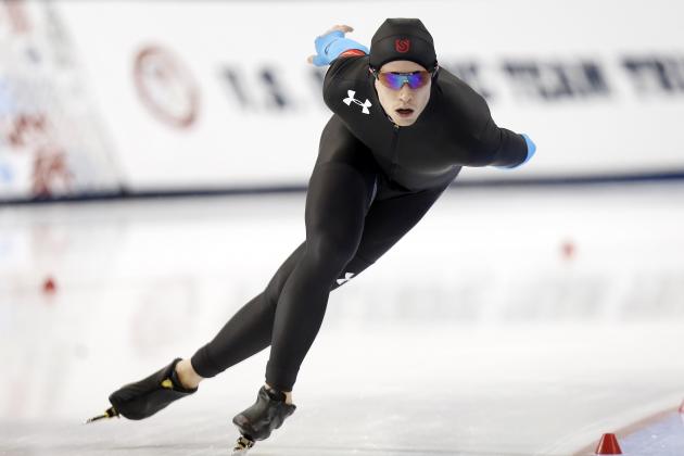 Jan 1, 2014; Kearns, UT, USA;  Third place finisher Patrick Meek competes in the men's 10,000 meter during the U.S. Olympic speedskating trials at Utah Olympic Oval. Mandatory Credit: Jim Urquhart-USA TODAY Sports