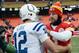 Dec 22, 2013; Kansas City, MO, USA; Kansas City Chiefs quarterback Alex Smith (11) congratulates Indianapolis Colts quarterback Andrew Luck (12) after the game at Arrowhead Stadium. The Colts won 23-7. Mandatory Credit: Denny Medley-USA TODAY Sports
