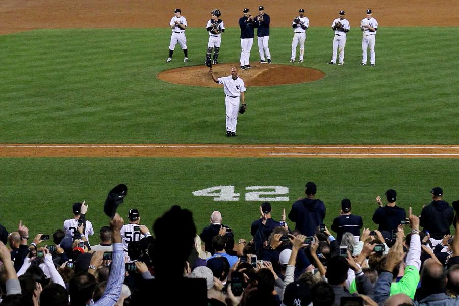 New York Yankees Ichiro Suzuki reacts with Mariano Rivera after the game  against the Toronto Blue Jays at Yankee Stadium in New York City on August  20, 2013. When Ichiro reaches 4000