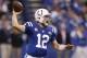 Dec 29, 2013; Indianapolis, IN, USA; Indianapolis Colts quarterback Andrew Luck (12) throws a pass against the Jacksonville Jaguars at Lucas Oil Stadium. Mandatory Credit: Brian Spurlock-USA TODAY Sports