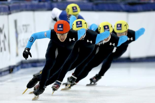 SALT LAKE CITY, UT - JANUARY 03: J.R. Celski #705 (red helmet) leads the field in the first men's 1,500 meter final during the U.S. Olympic Short Track Trials at the Utah Olympic Oval on January 3, 2014 in Salt Lake City, Utah. (Photo by Matthew Stockman/Getty Images)