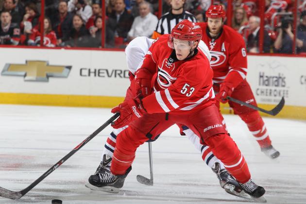 RALEIGH, NC - DECEMBER 23: Jeff Skinner #53 of the Carolina Hurricanes maintains control of the puck against the Columbus Blue Jackets during their NHL game at PNC Arena on December 23, 2013 in Raleigh, North Carolina.  (Photo by Gregg Forwerck/NHLI via Getty Images)