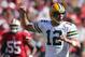 SAN FRANCISCO, CA - SEPTEMBER 08: Quarterback Aaron Rodgers #12 of the Green Bay Packers celebrates against the San Francisco 49ers at Candlestick Park on September 8, 2013 in San Francisco, California. (Photo by Jeff Gross/Getty Images)