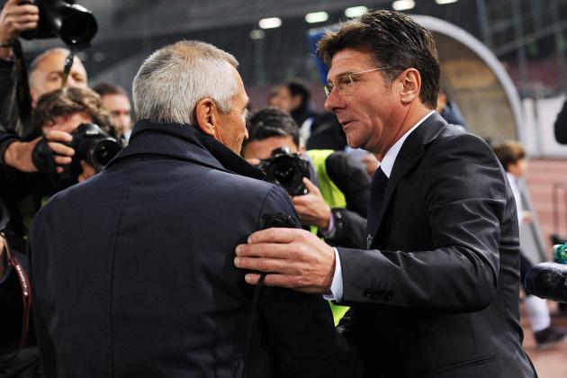 NAPLES, ITALY - NOVEMBER 19:  Edy Reja, head coach of Lazio, and Walter Mazzari, head coach of Napoli, talk before the Serie A match between SSC Napoli and SS Lazio at Stadio San Paolo on November 19, 2011 in Naples, Italy.  (Photo by Giuseppe Bellini/Getty Images)