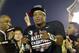 Jan 6, 2014; Pasadena, CA, USA; Florida State Seminoles quarterback Jameis Winston (5) celebrates after winning the 2014 BCS National Championship game against Auburn Tigers 34-31 at the Rose Bowl. Mandatory Credit: Richard Mackson-USA TODAY Sports