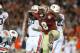 Jan 6, 2014; Pasadena, CA, USA; Florida State Seminoles defensive tackle Timmy Jernigan (8) reacts to a play against the Auburn Tigers during the second half of the 2014 BCS National Championship game at the Rose Bowl. Mandatory Credit: Matthew Emmons-USA TODAY Sports