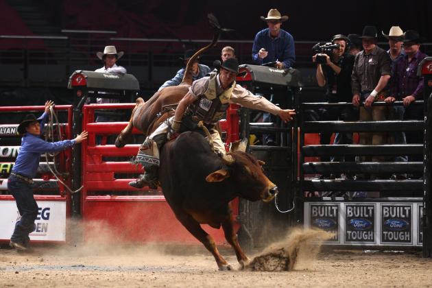 SYDNEY, AUSTRALIA - JULY 09:  Jock Connolly of Australia rides Red River during the 2011 PBR Australian Cup Series Final at Acer Arena on July 9, 2011 in Sydney, Australia.  (Photo by Ryan Pierse/Getty Images)