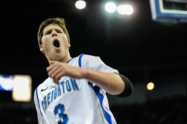 OMAHA, NE - NOVEMBER 18: Doug McDermott #3 of the Creighton Bluejays reacts after a slam dunk against Presbyterian Blue Hose during their game at CenturyLink Center on November 18, 2012 in Omaha, Nebraska. (Photo by Eric Francis/Getty Images)