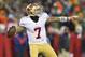 Jan 5, 2014; Green Bay, WI, USA; San Francisco 49ers quarterback Colin Kaepernick (7) throws a pass during the fourth quarter against the Green Bay Packers during the 2013 NFC wild card playoff football game at Lambeau Field. San Francisco won 23-20. Mandatory Credit: Jeff Hanisch-USA TODAY Sports