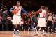 NEW YORK, NY - JANUARY 9: Carmelo Anthony #7 and Raymond Felton #2 of the New York Knicks celebrate during the game against the Miami Heat at Madison Square Garden in New York City on January 9, 2014. NOTE TO USER: User expressly acknowledges and agrees that, by downloading and or using this photograph, User is consenting to the terms and conditions of the Getty Images License Agreement. Mandatory Copyright Notice: Copyright 2014 NBAE (Photo by Nathaniel S. Butler/NBAE via Getty Images)