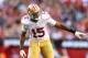 Dec 29, 2013; Phoenix, AZ, USA; San Francisco 49ers wide receiver Michael Crabtree (15) against the Arizona Cardinals at University of Phoenix Stadium. Mandatory Credit: Mark J. Rebilas-USA TODAY Sports