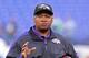 September 23, 2012; Baltimore, MD, USA; Baltimore Ravens quarterback coach Jim Caldwell prior to the game against the New England Patriots at M&T Bank Stadium. Mandatory Credit: Mitch Stringer-USA TODAY Sports
