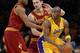 Jan 14, 2014; Los Angeles, CA, USA; Cleveland Cavaliers center Tyler Zeller (40) and Cleveland Cavaliers point guard Jarrett Jack (1) guard Los Angeles Lakers shooting guard Jodie Meeks (20) in the first half of the game at Staples Center. Mandatory Credit: Jayne Kamin-Oncea-USA TODAY Sports