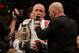 Mar 16, 2013; Montreal, Quebec, CAN; Georges St.Pierre gives an interview to Joe Rogan after defeating Nick Diaz (not pictured) in their Welterweight title bout at UFC 158 at the Bell Centre. Mandatory Credit: Eric Bolte-USA TODAY Sports
