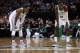 Dec 5, 2012; Boston, Massachusetts, USA; Boston Celtics point guard Rajon Rondo (9) and forward Jeff Green (8) rest at center court during the fourth quarter against the Minnesota Timberwolves at TD Banknorth Garden. The Boston Celtics won 104-94. Mandatory Credit: Greg M. Cooper-USA TODAY Sports