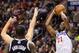 Dec 20, 2013; Philadelphia, PA, USA; Philadelphia 76ers forward Thaddeus Young (21) shoots a jump shot during the fourth quarter against the Brooklyn Nets at the Wells Fargo Center. The Sixers defeated the Nets 121-120 in overtime. Mandatory Credit: Howard Smith-USA TODAY Sports