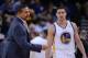 January 15, 2014; Oakland, CA, USA; Golden State Warriors head coach Mark Jackson (left) instructs in front of shooting guard Klay Thompson (11) against the Denver Nuggets during the first quarter at Oracle Arena. Mandatory Credit: Kyle Terada-USA TODAY Sports