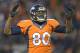 Denver Broncos tight end Julius Thomas (80) reacts against the San Diego Chargers in the fourth quarter of an NFL AFC division playoff football game, Sunday, Jan. 12, 2014, in Denver. (AP Photo/Jack Dempsey)