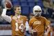 Texas Longhorns's David Ash, left, and Case McCoy, right, throw before the Valero Alamo Bowl NCAA college football game against Oregon, Monday, Dec. 30, 2013, in San Antonio. Case will start in the place of Ash who in injured. (AP Photo/Eric Gay)
