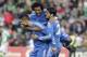 Real Madrid's Cristiano Ronaldo, left, celebrates with teammate Alvaro Morata, right, and Marcelo Vieira, centre, after scoring against Betis during their La Liga soccer match at the Benito Villamarin stadium, in Seville, Spain on Saturday, Jan. 18, 2014. (AP Photo/Angel Fernandez)